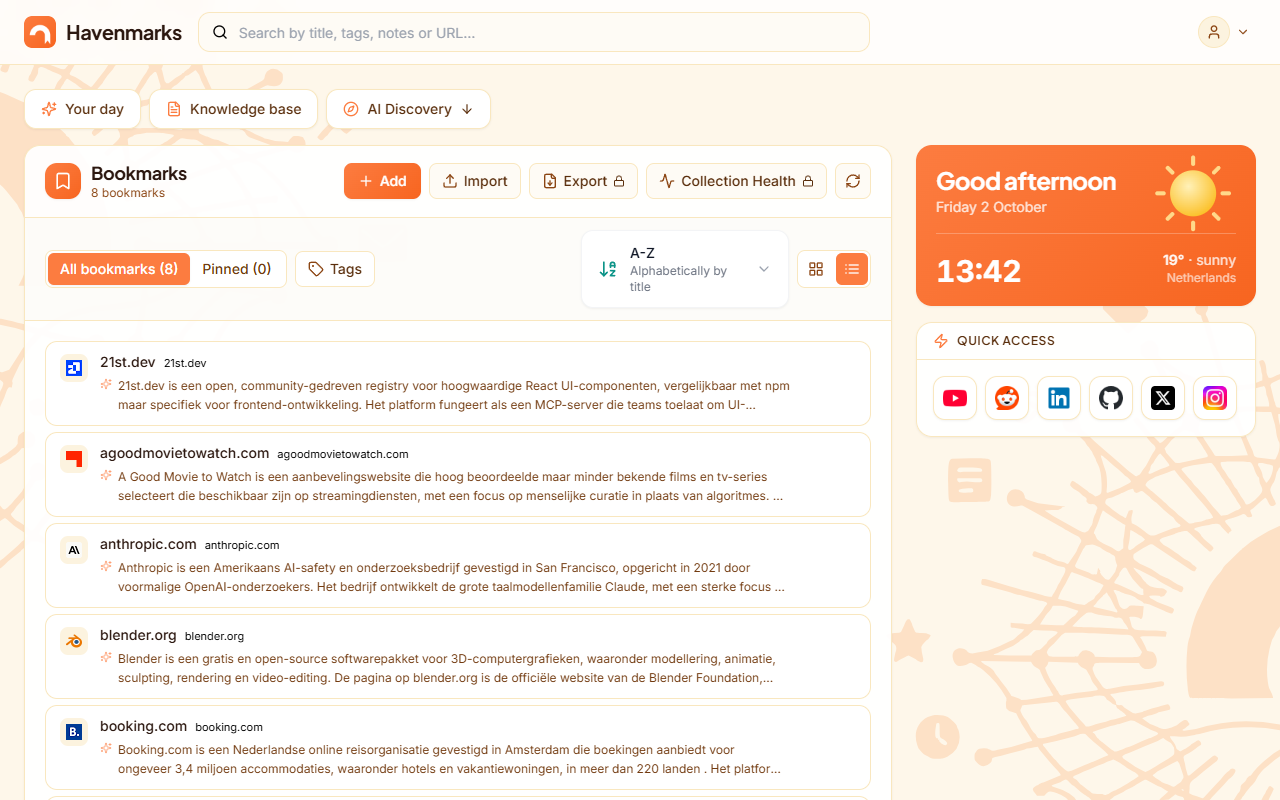 The Havenmarks start page: search at the top and your bookmarks right below